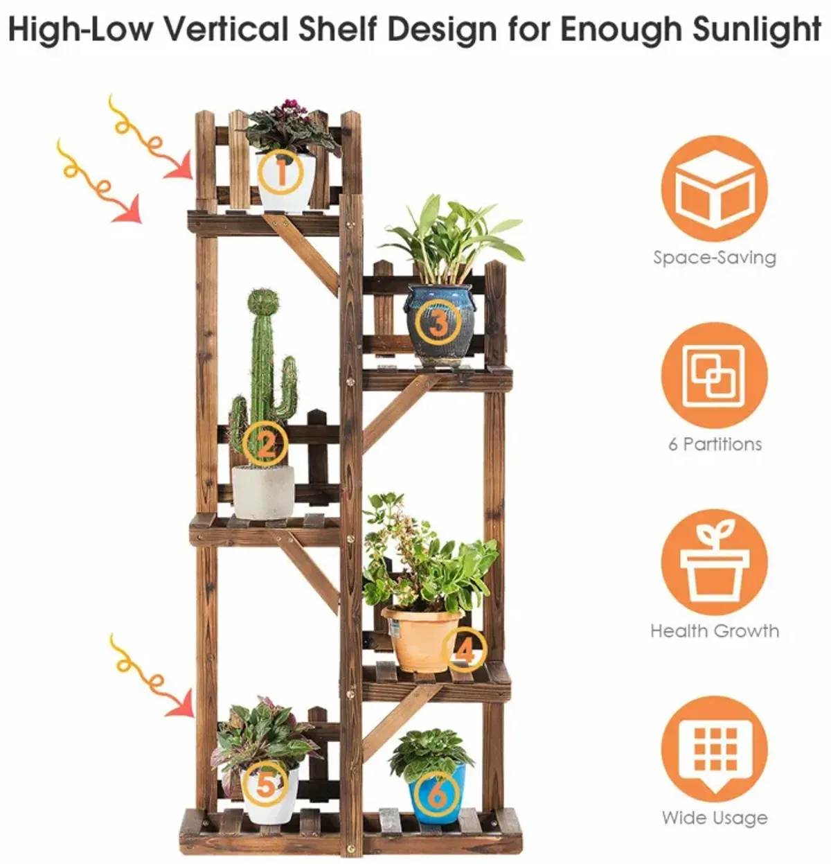 5-Tier Flower Rack Wood Plant Stand 6 Pots Display Shelf