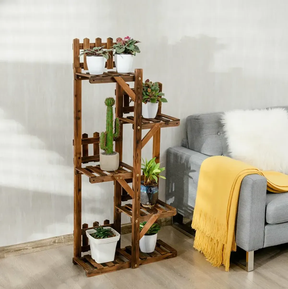 5-Tier Flower Rack Wood Plant Stand 6 Pots Display Shelf