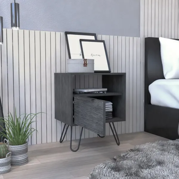 Streamdale Augusta Nightstand, Single Door Cabinet, Hairpin Legs - Smokey Oak