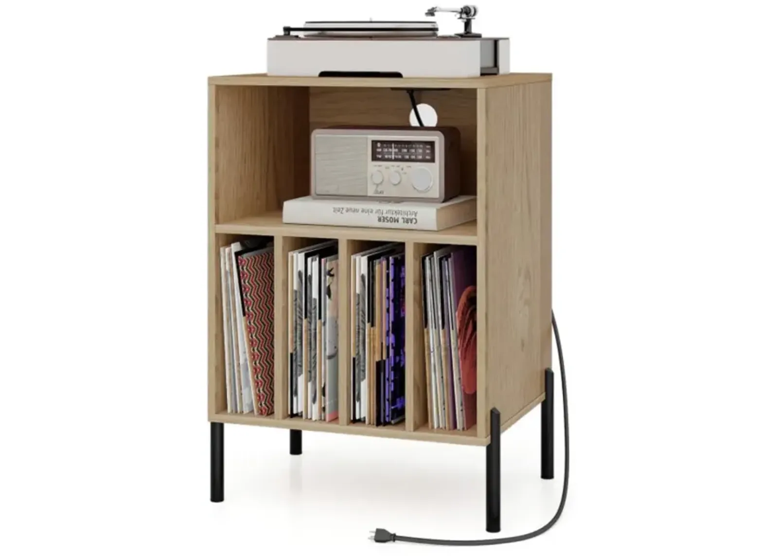 Hivvago Record Player Stand with Record Storage Shelf and Charging Station