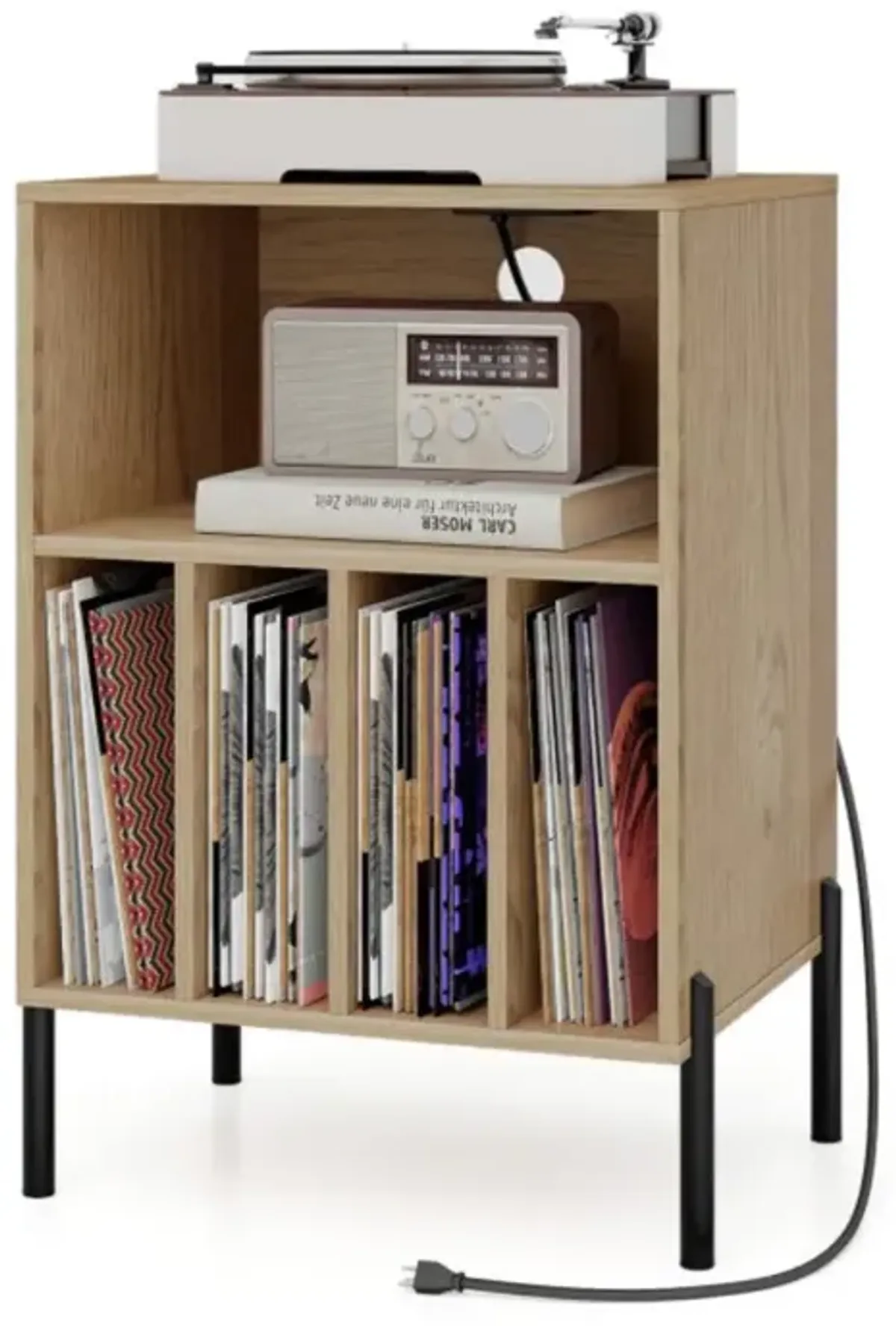 Hivvago Record Player Stand with Record Storage Shelf and Charging Station