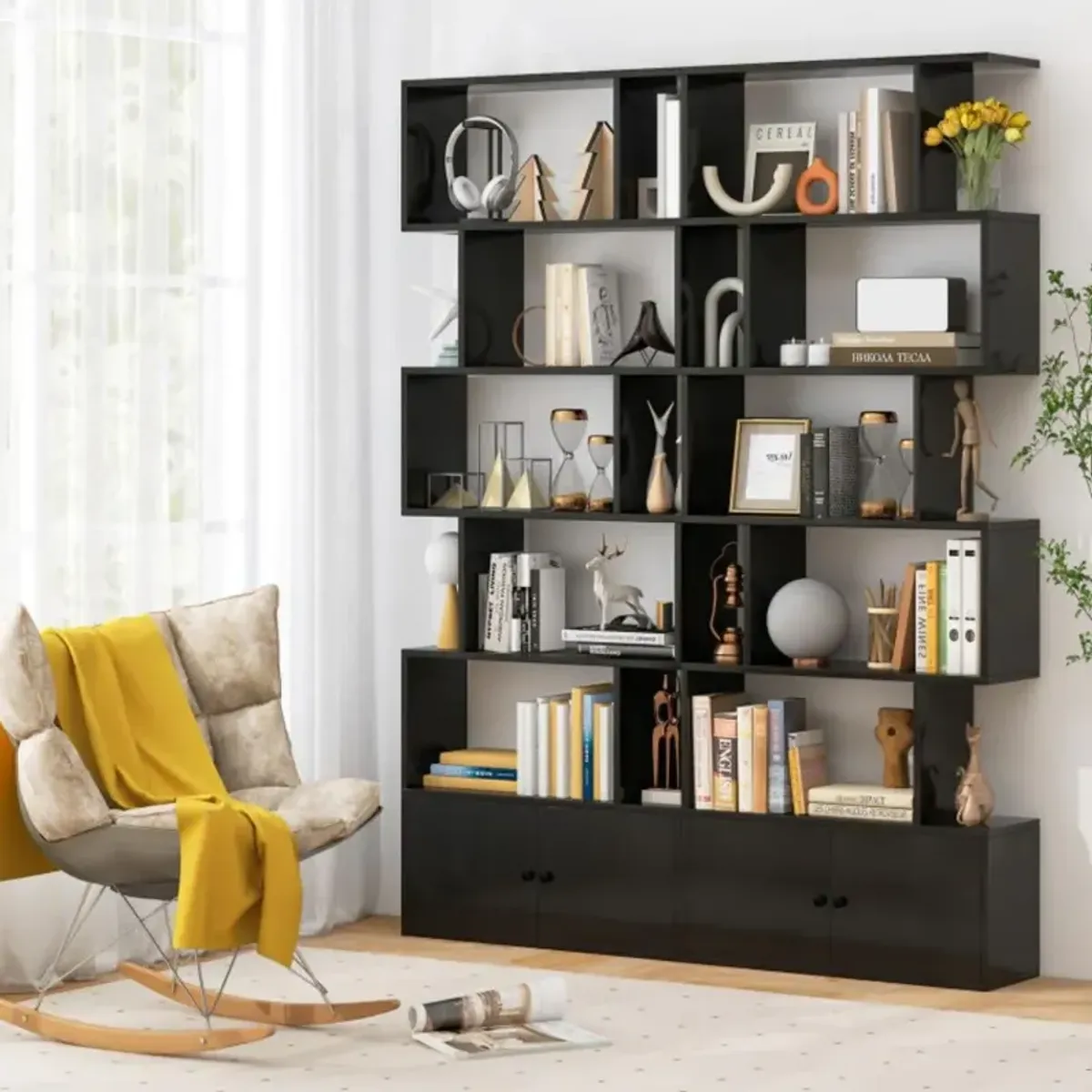 6-Tier S-Shaped Freestanding Bookshelf with Cabinet and Doors