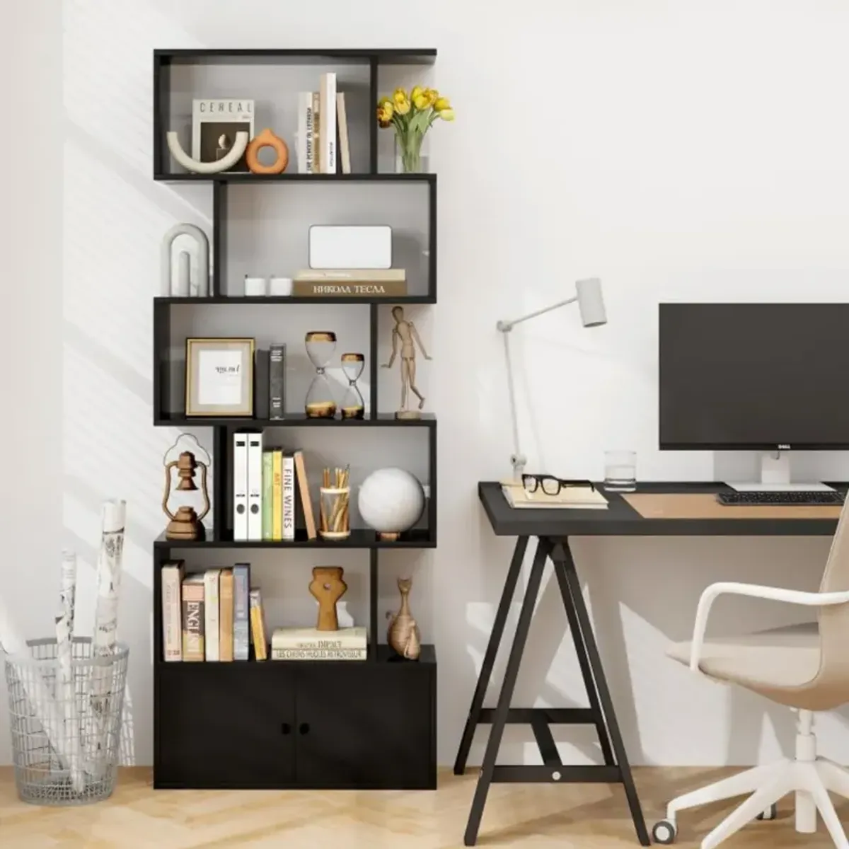 6-Tier S-Shaped Freestanding Bookshelf with Cabinet and Doors