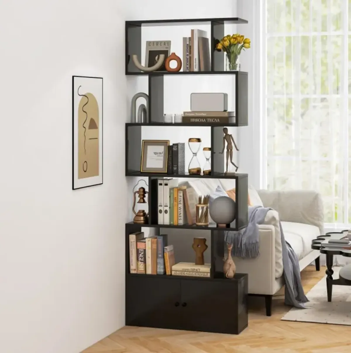 6-Tier S-Shaped Freestanding Bookshelf with Cabinet and Doors