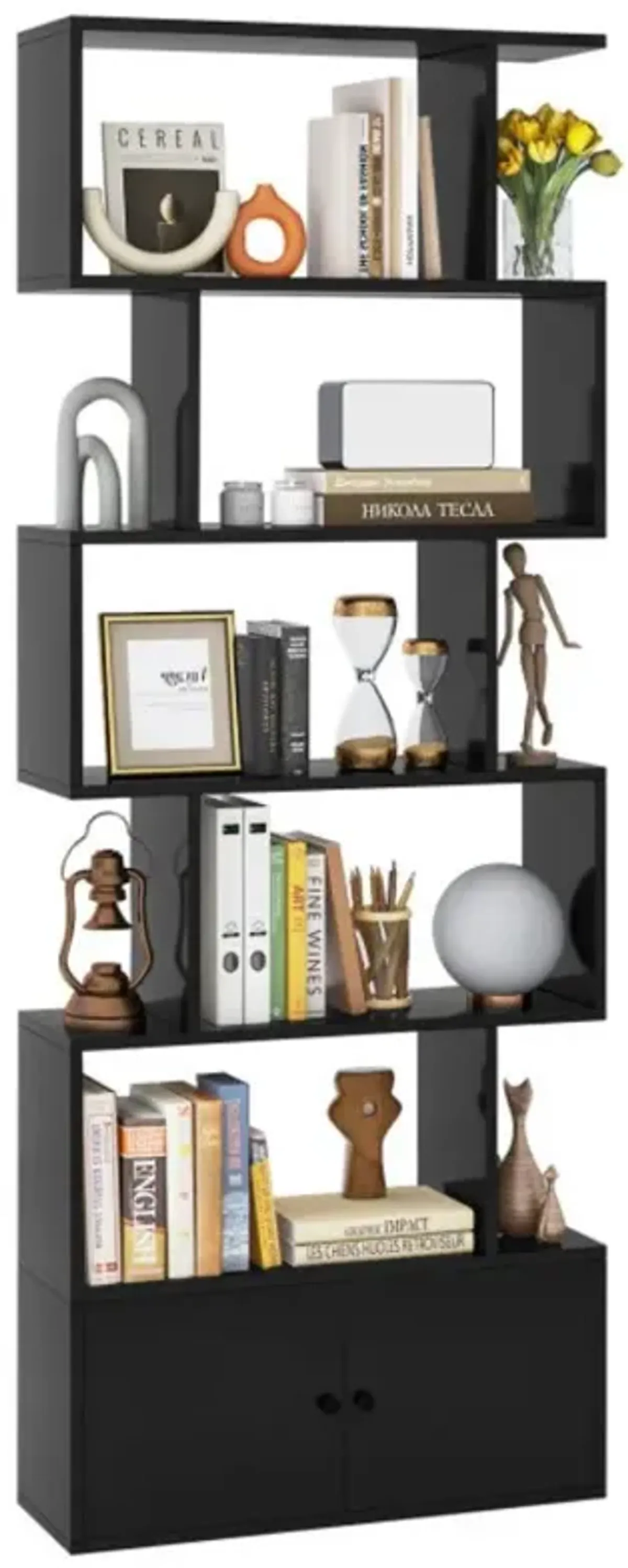 6-Tier S-Shaped Freestanding Bookshelf with Cabinet and Doors