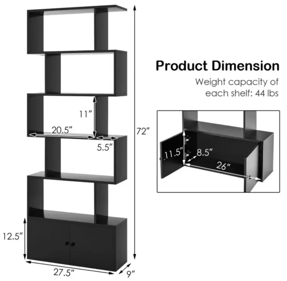 6-Tier S-Shaped Freestanding Bookshelf with Cabinet and Doors