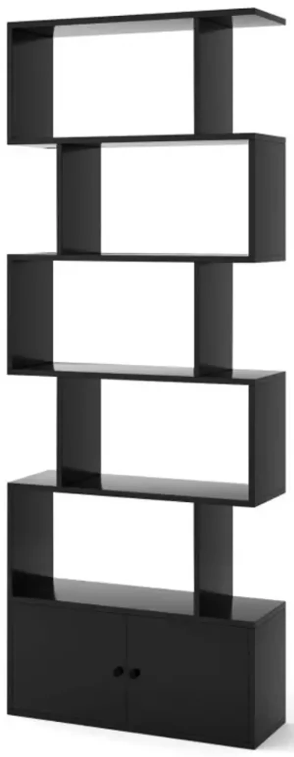 6-Tier S-Shaped Freestanding Bookshelf with Cabinet and Doors