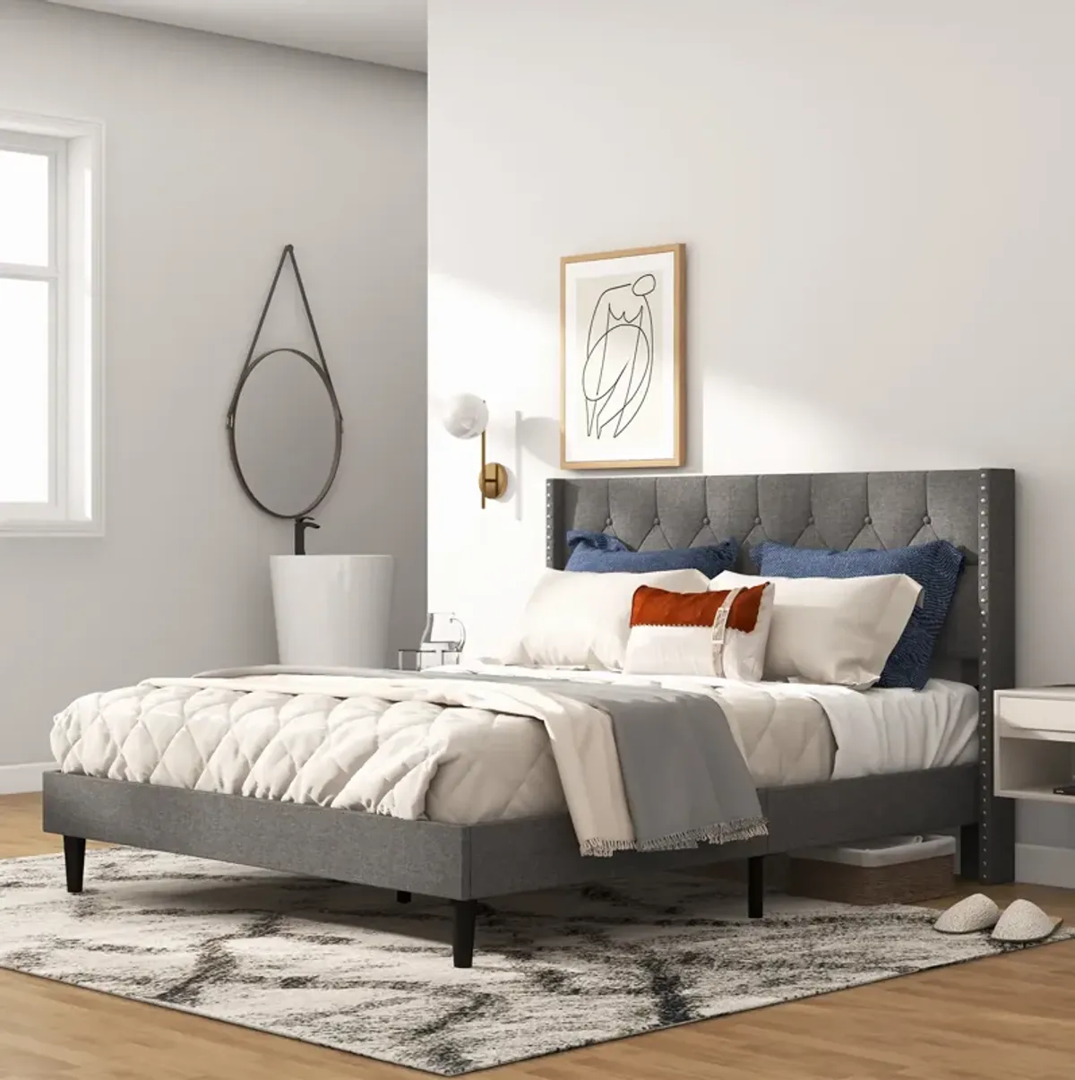 Upholstered Platform Bed with Button Tufted Headboard