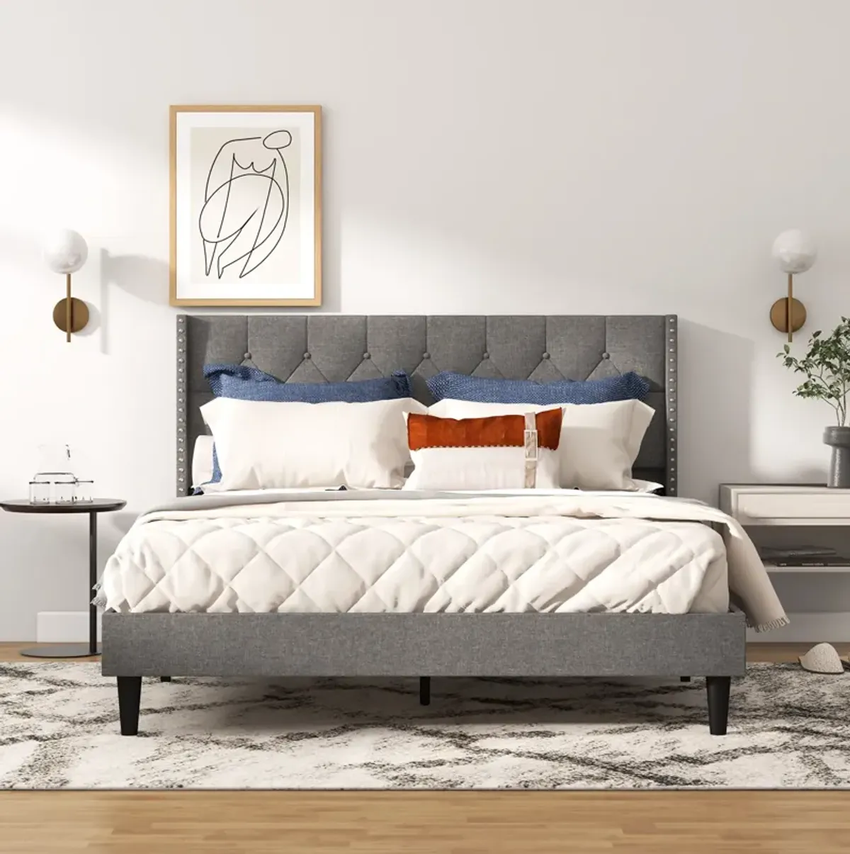 Upholstered Platform Bed with Button Tufted Headboard