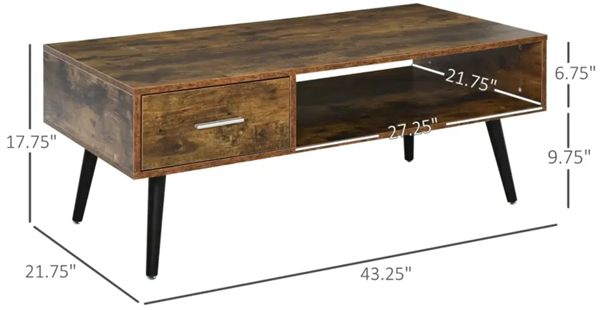 Mid-Century Modern Table: Wood Coffee Table with Drawer and Shelves