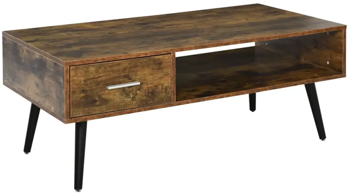 Mid-Century Modern Table: Wood Coffee Table with Drawer and Shelves