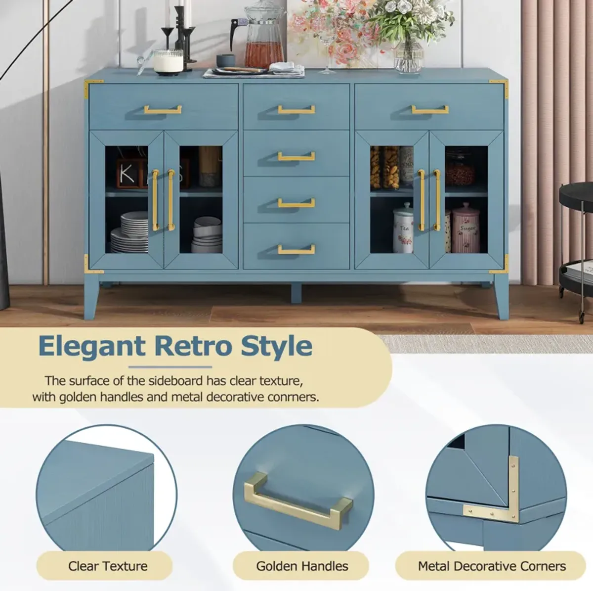 6-drawer and 2-Cabinet Retro Sideboard with Extra Large Storage Space, Blue