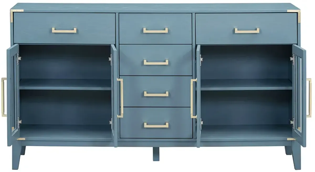 6-drawer and 2-Cabinet Retro Sideboard with Extra Large Storage Space, Blue