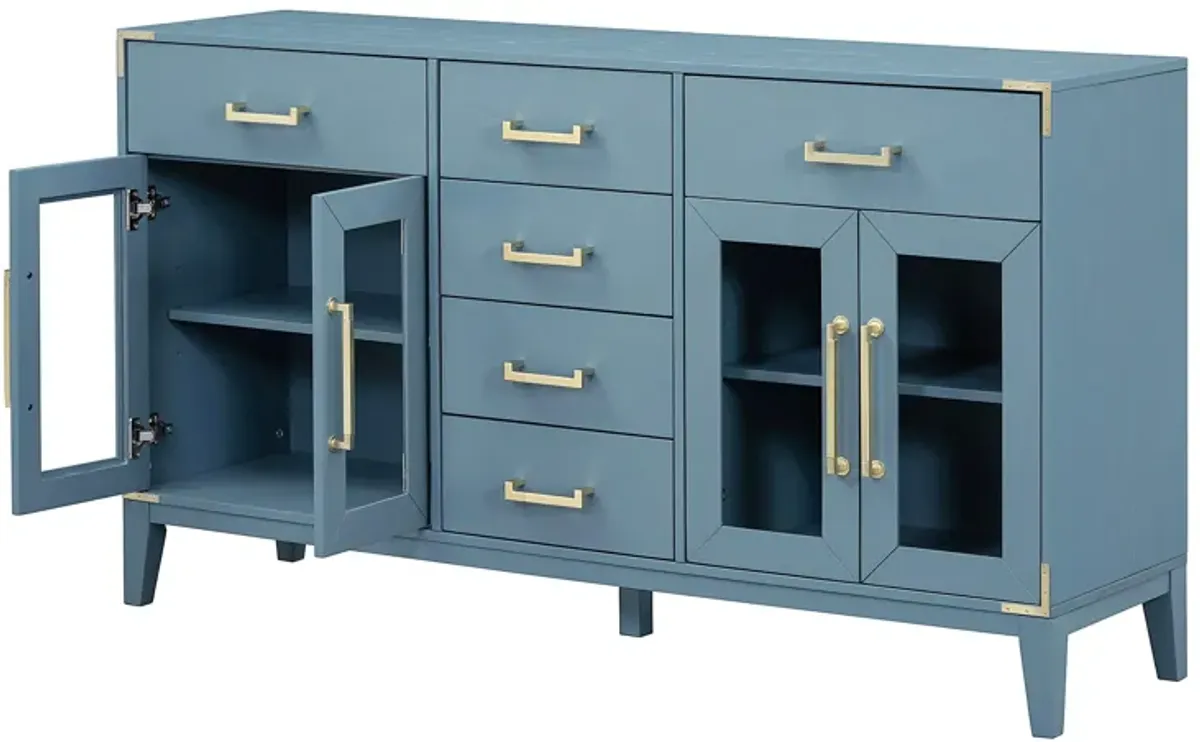 6-drawer and 2-Cabinet Retro Sideboard with Extra Large Storage Space, Blue