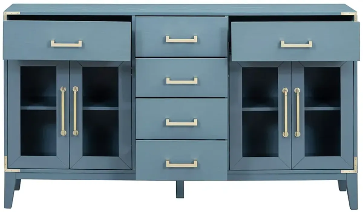 6-drawer and 2-Cabinet Retro Sideboard with Extra Large Storage Space, Blue