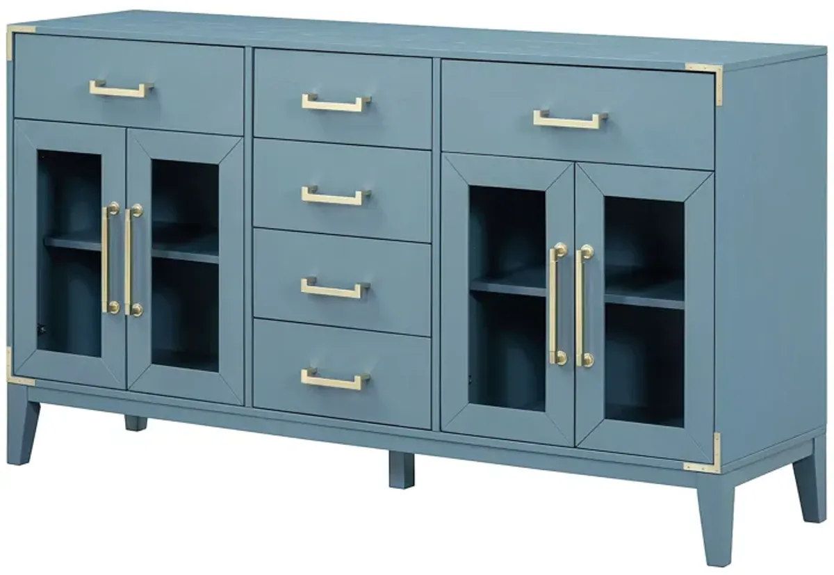 6-drawer and 2-Cabinet Retro Sideboard with Extra Large Storage Space, Blue