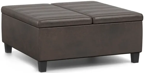 Ellis 36 inch Wide Contemporary Square Coffee Table Storage Ottoman in Distressed Brown Vegan Faux Leather, Assembled