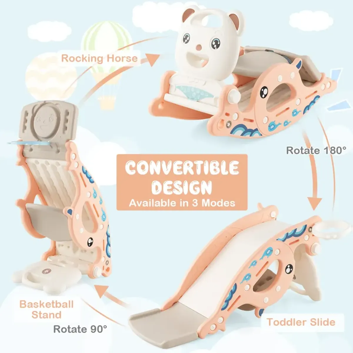 4-in-1 Kids Slide Rocking Horse with Basketball and Ring Toss