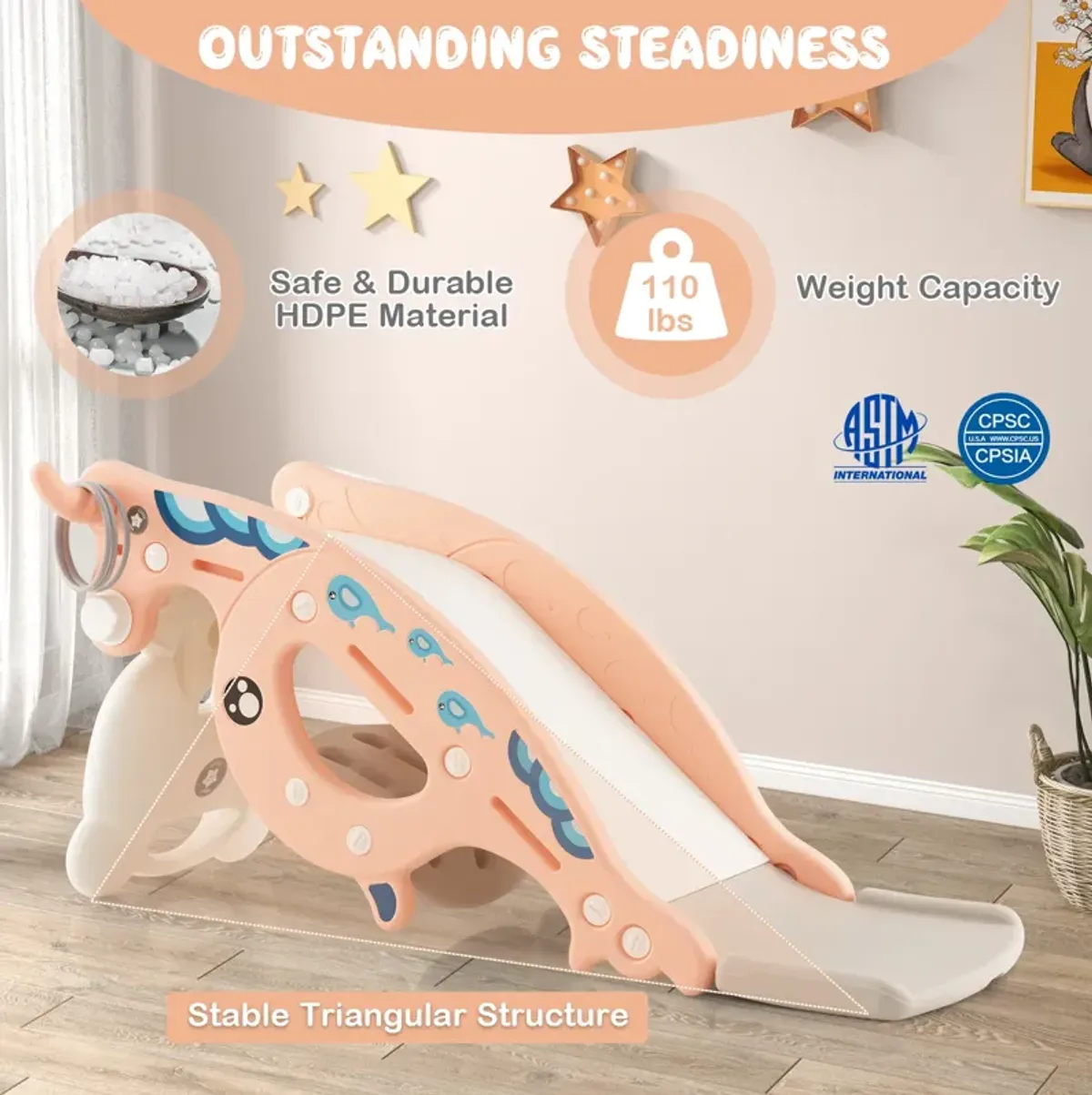 4-in-1 Kids Slide Rocking Horse with Basketball and Ring Toss