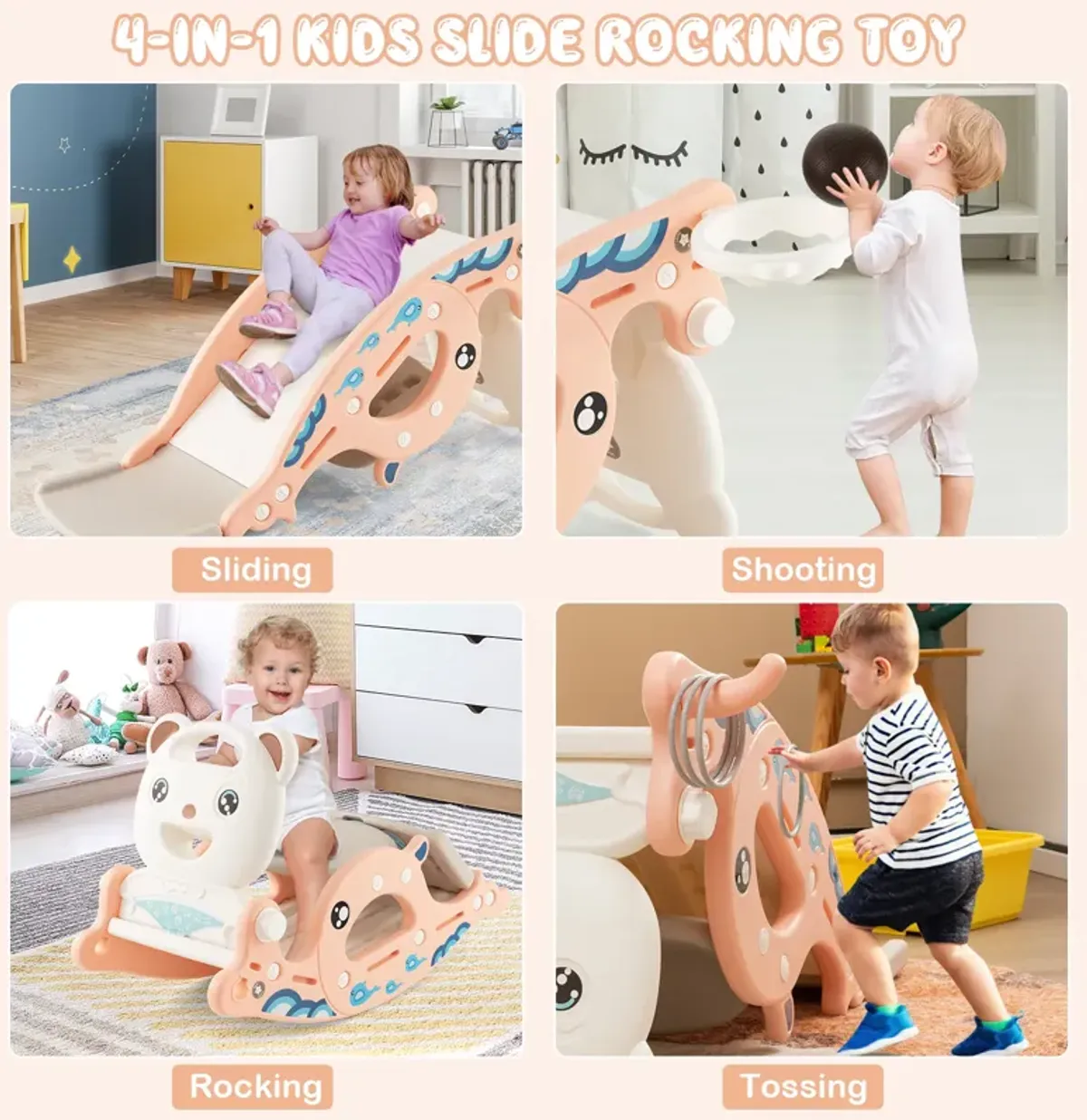 4-in-1 Kids Slide Rocking Horse with Basketball and Ring Toss