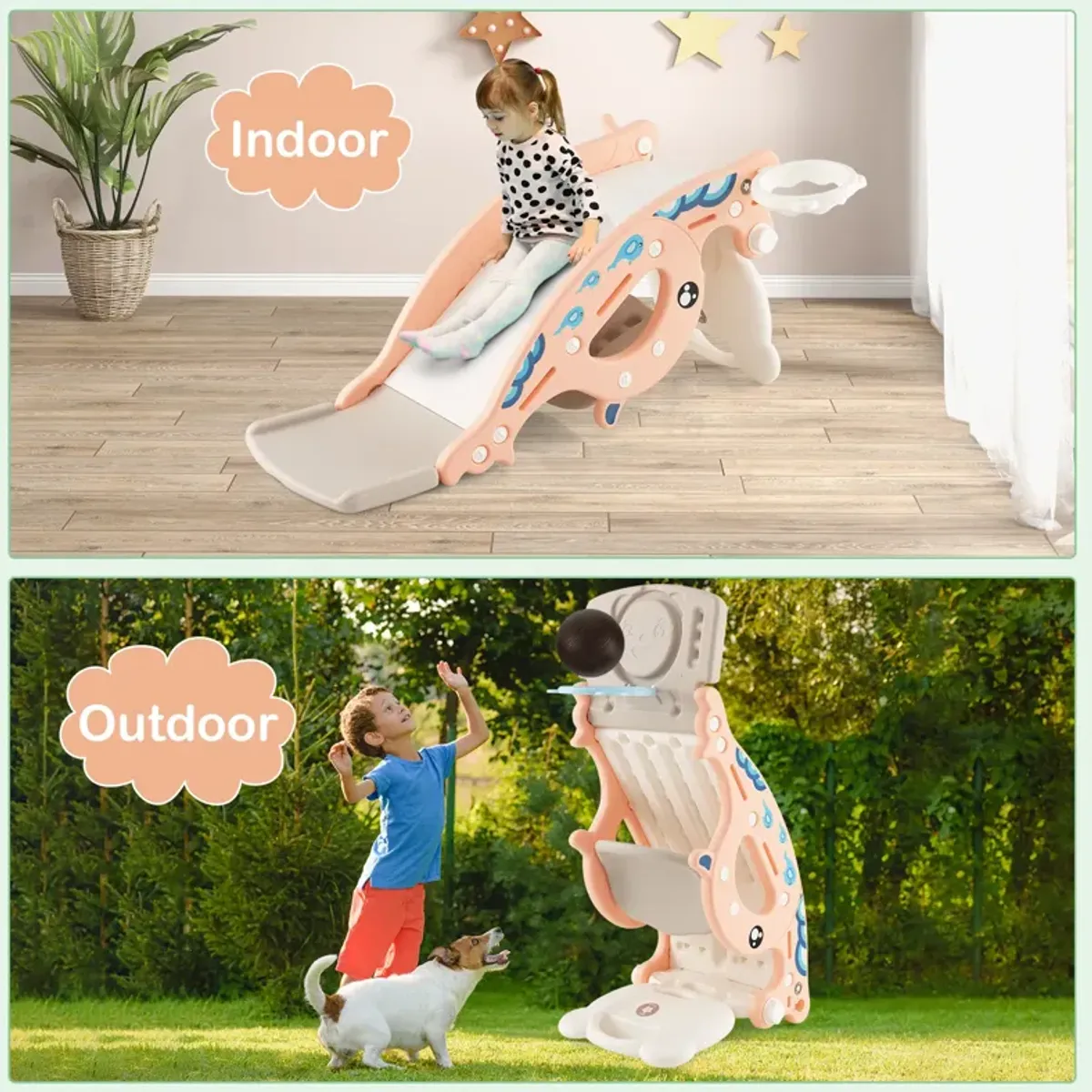 4-in-1 Kids Slide Rocking Horse with Basketball and Ring Toss