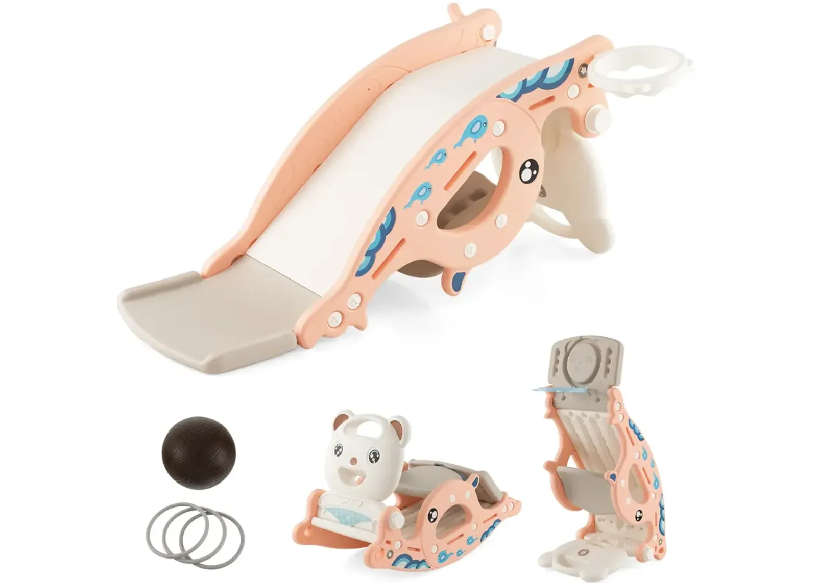 4-in-1 Kids Slide Rocking Horse with Basketball and Ring Toss