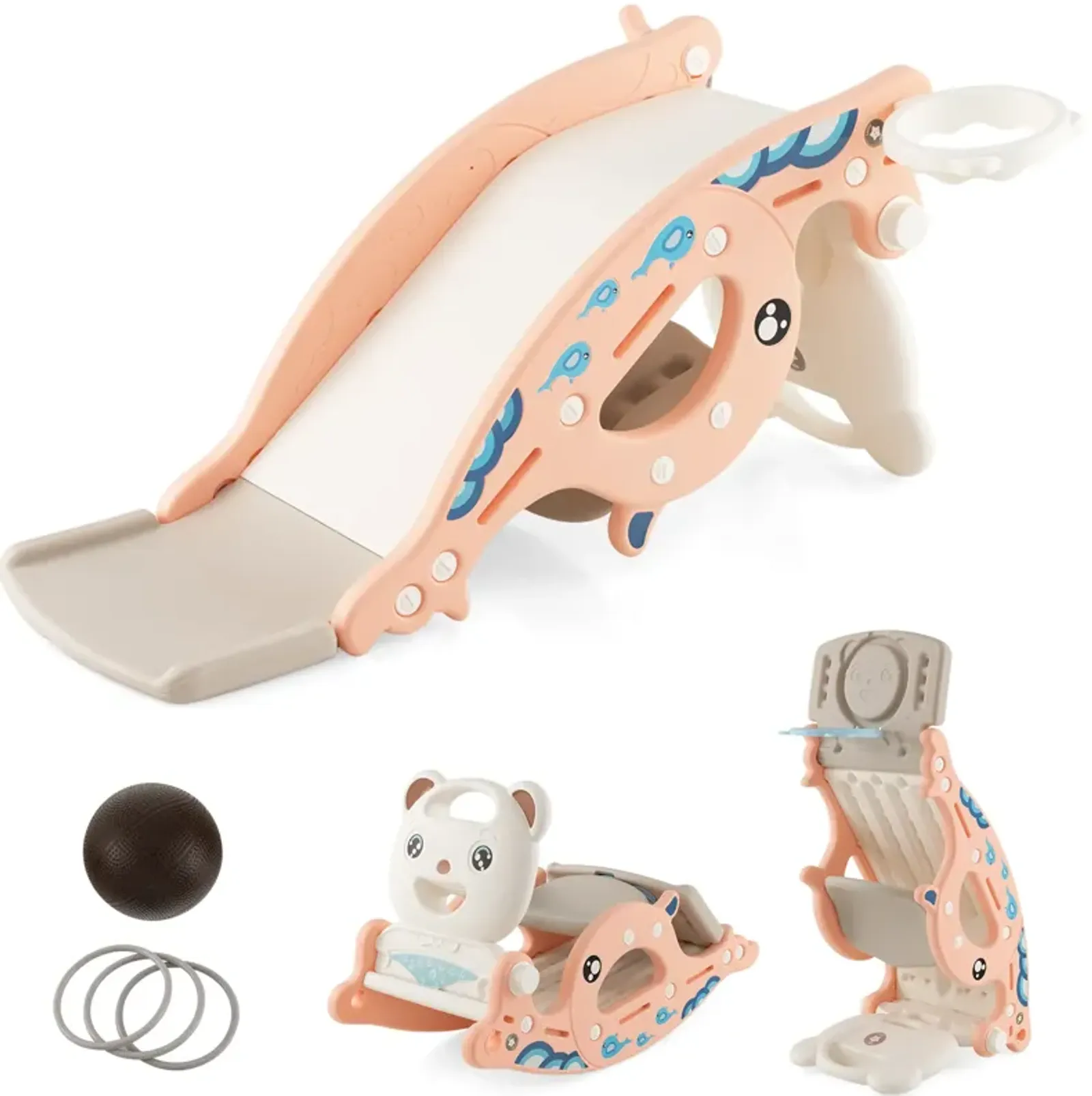 4-in-1 Kids Slide Rocking Horse with Basketball and Ring Toss