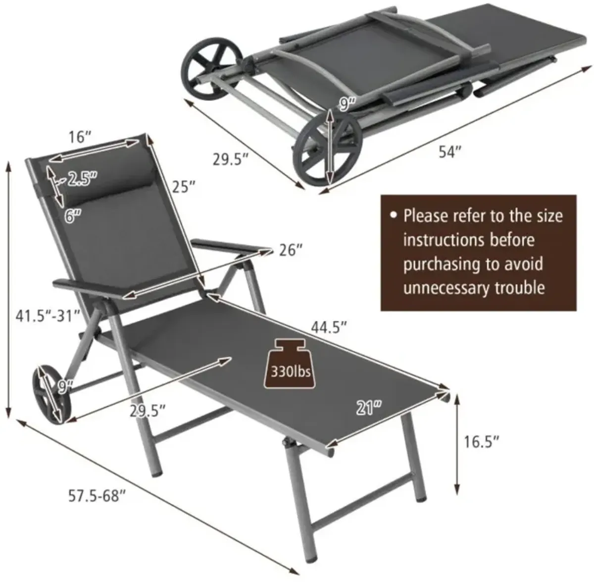 Hivvago Adjustable Patio Folding Chaise Lounge Chair with Wheels