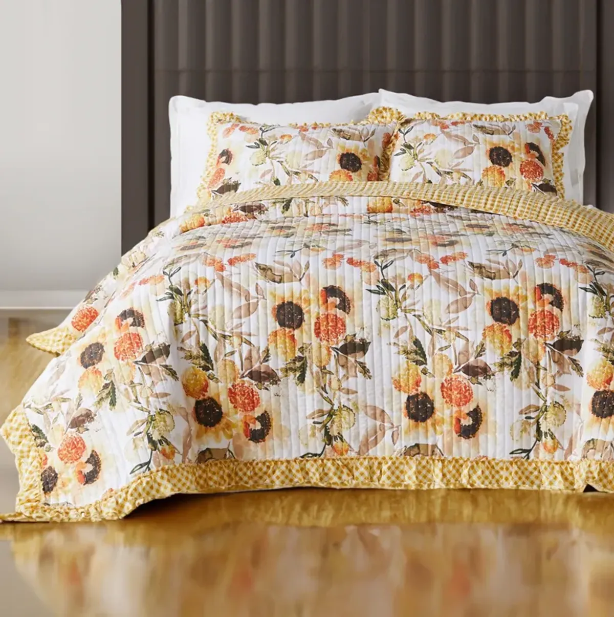 Kelsa 2 Piece Twin Quilt Set with Pillow Sham, Cotton, Ruffled Border, Gold-Benzara