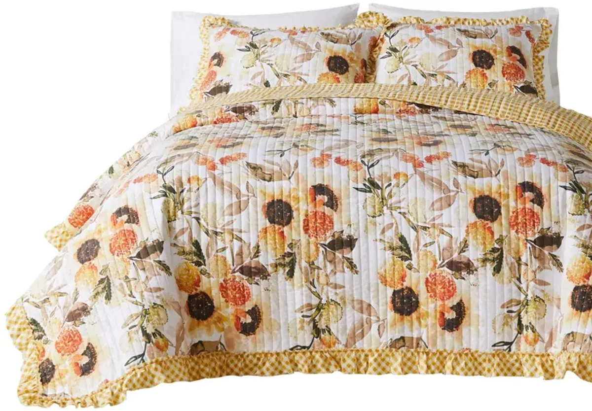 Kelsa 2 Piece Twin Quilt Set with Pillow Sham, Cotton, Ruffled Border, Gold-Benzara