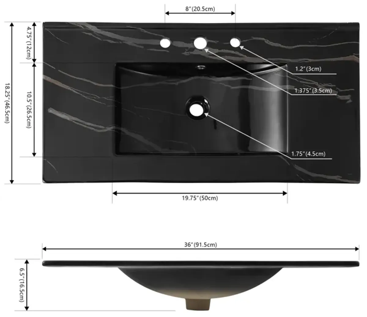 Ancillary 3-Hole Classic Contemporary Rectangular Ceramic Single Sink Basin Vanity Top