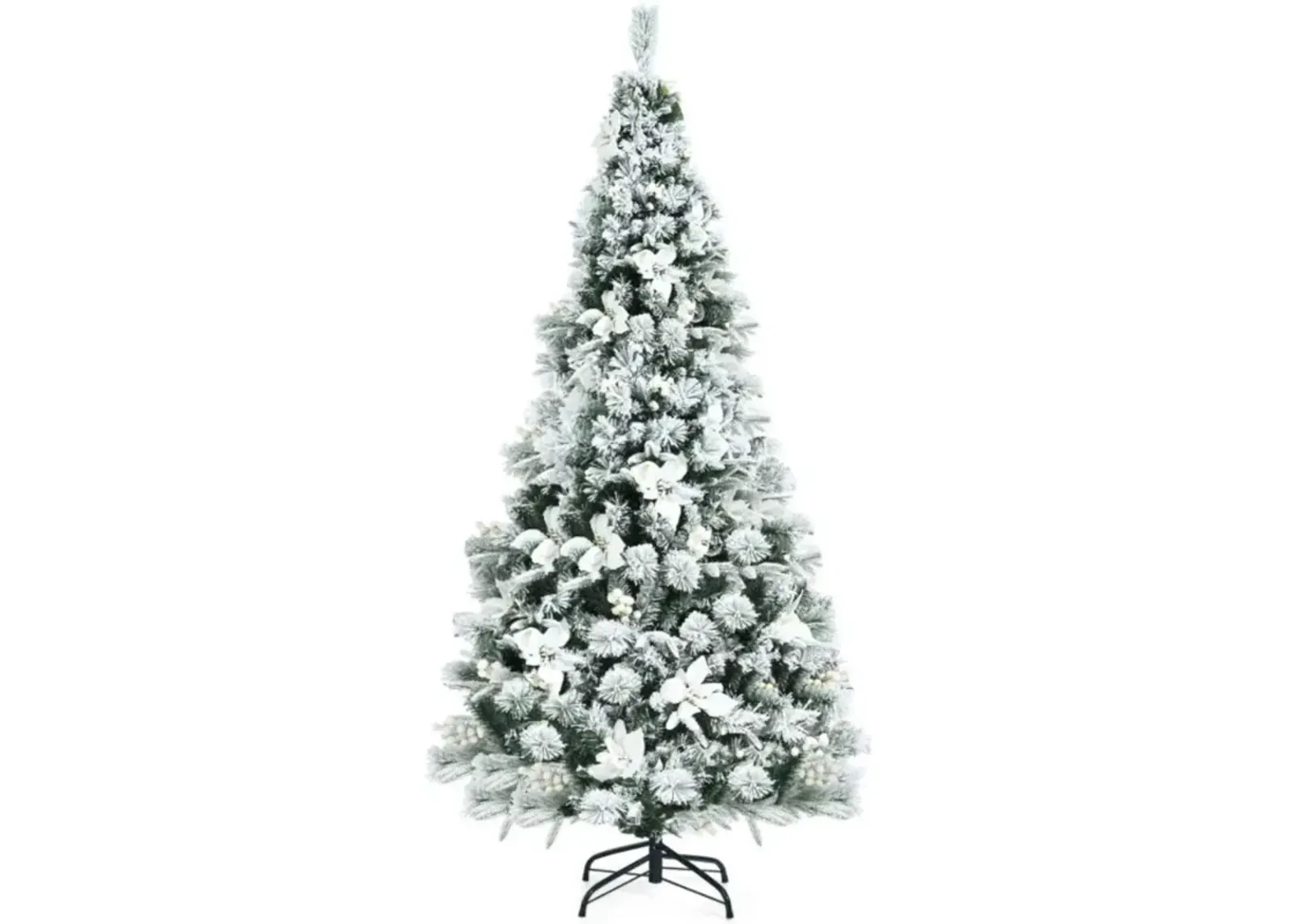 Hivvago 6 Feet Snow Flocked Hinged Christmas Tree with Berries and Poinsettia Flowers