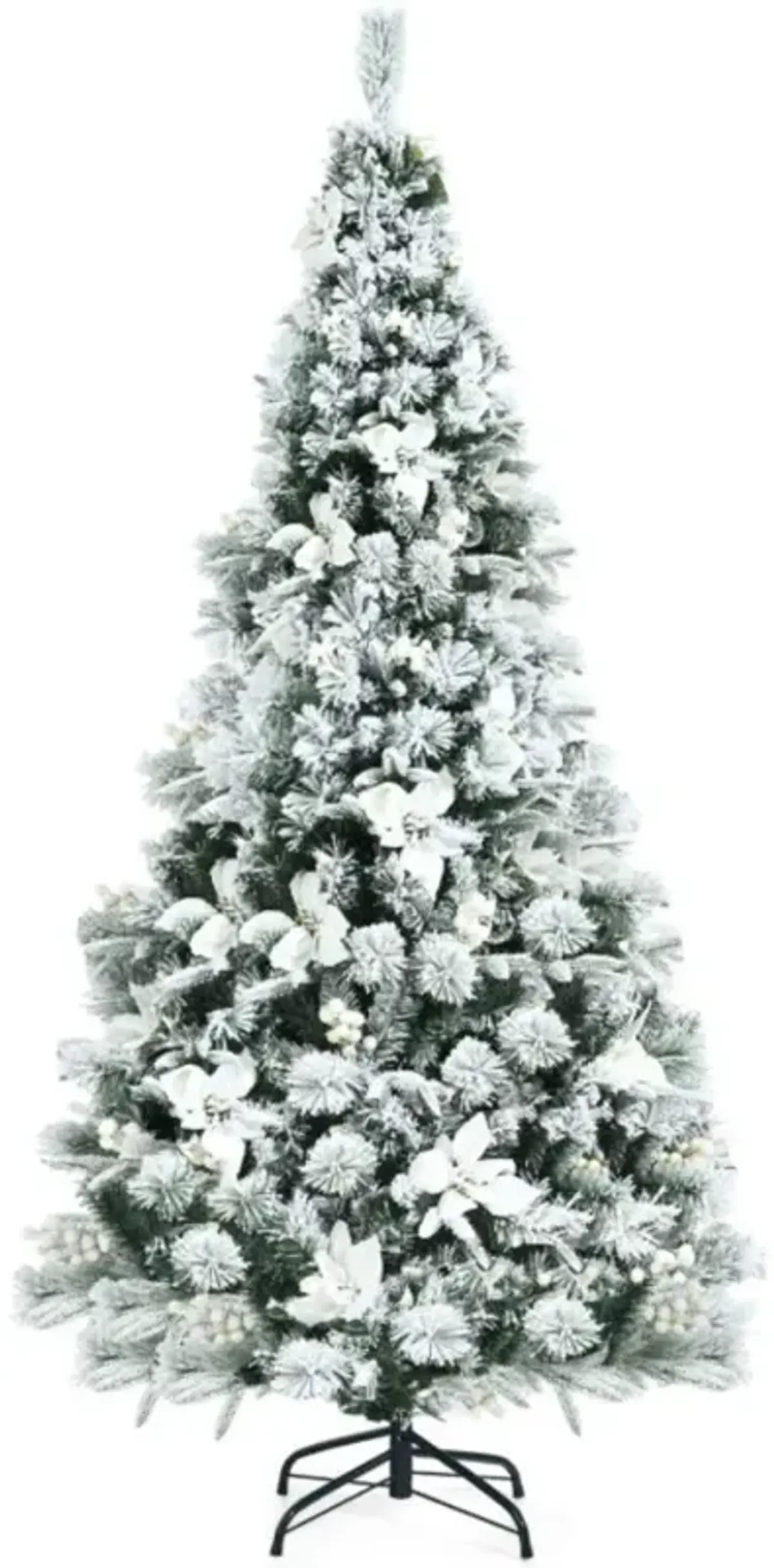 Hivvago 6 Feet Snow Flocked Hinged Christmas Tree with Berries and Poinsettia Flowers