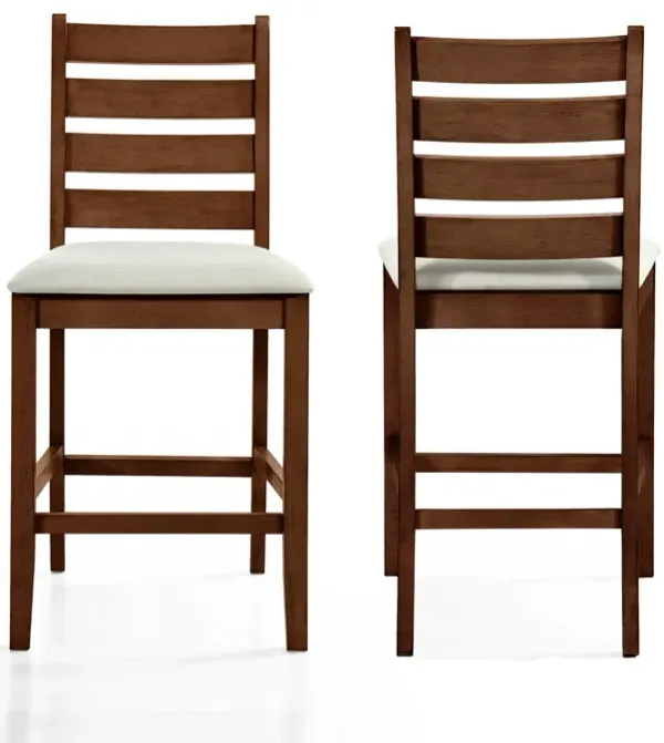 Accai Counter Height Chair Set of 2, Beige Polyester, Brown Rubberwood - Benzara