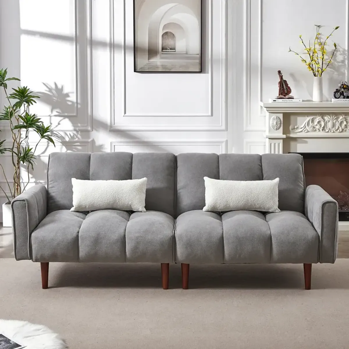 Modern Grey Convertible Futon with Pillows