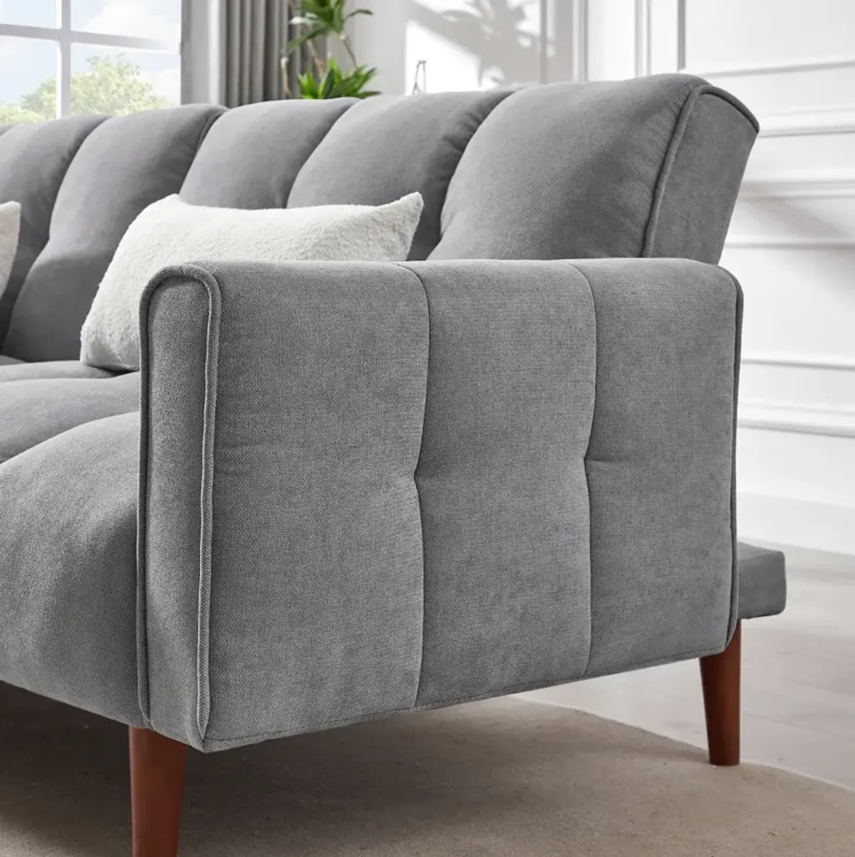 Modern Grey Convertible Futon with Pillows