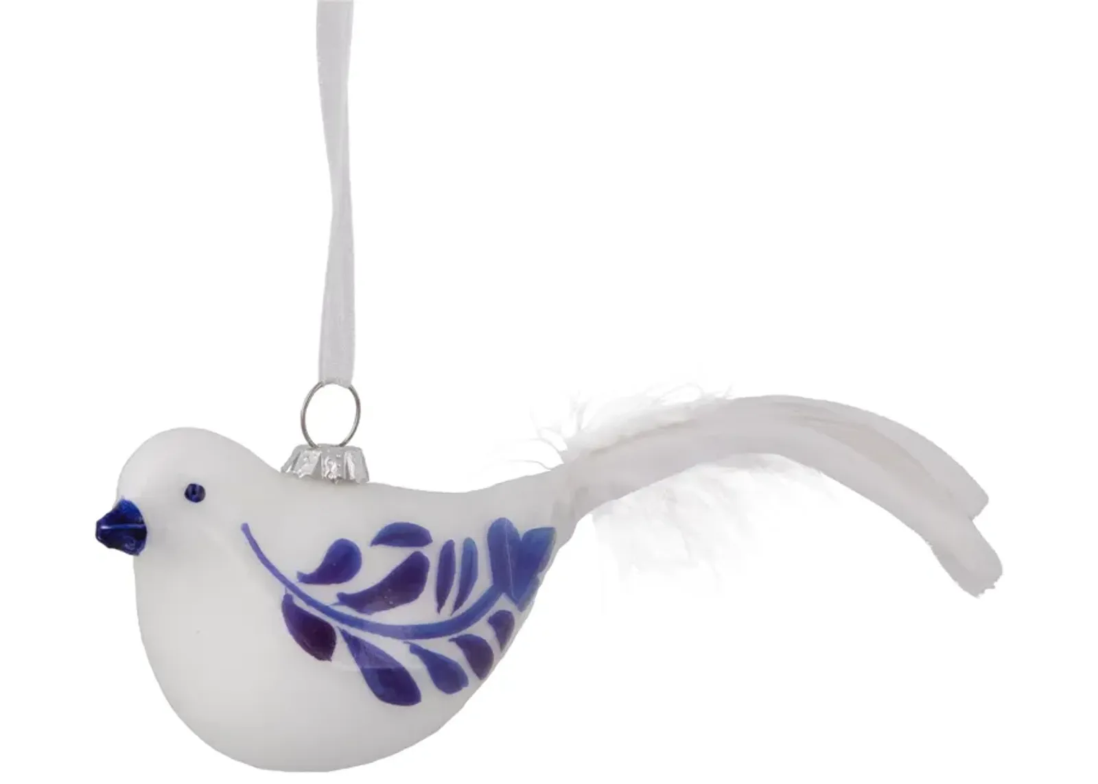 6.5" White and Blue Bird Glass Christmas Ornament