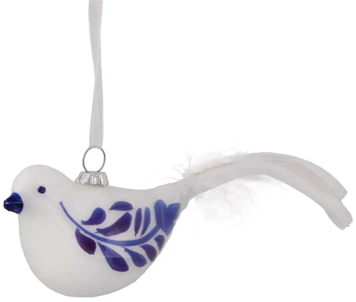 6.5" White and Blue Bird Glass Christmas Ornament