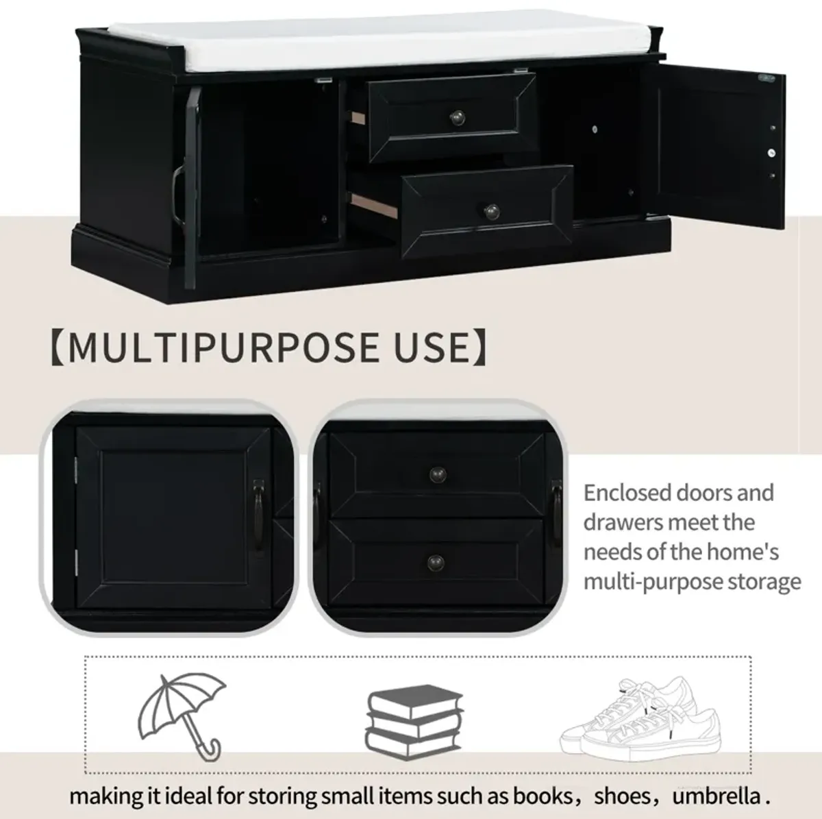 Gewnee Storage Bench with 2 Drawers and 2 Cabinets, Shoe Bench with Removable Cushion for Living Room, Entryway (Black)