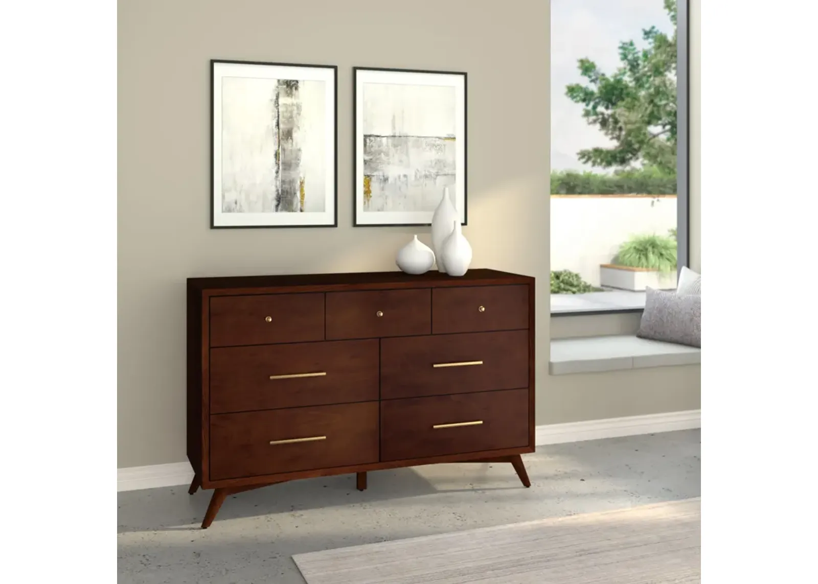 Flynn Mid Century Modern 7 Drawer Dresser, Walnut