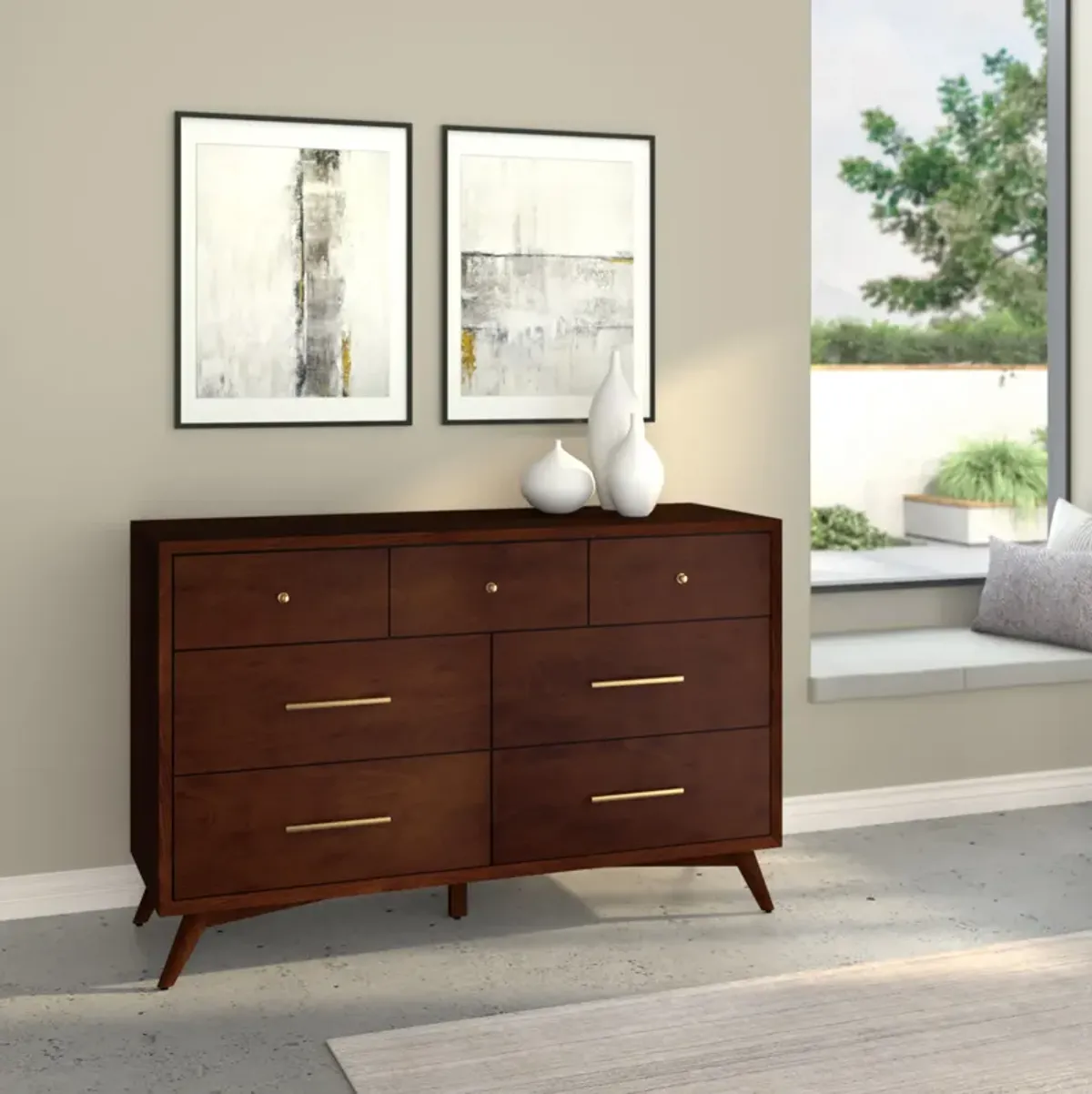 Flynn Mid Century Modern 7 Drawer Dresser, Walnut