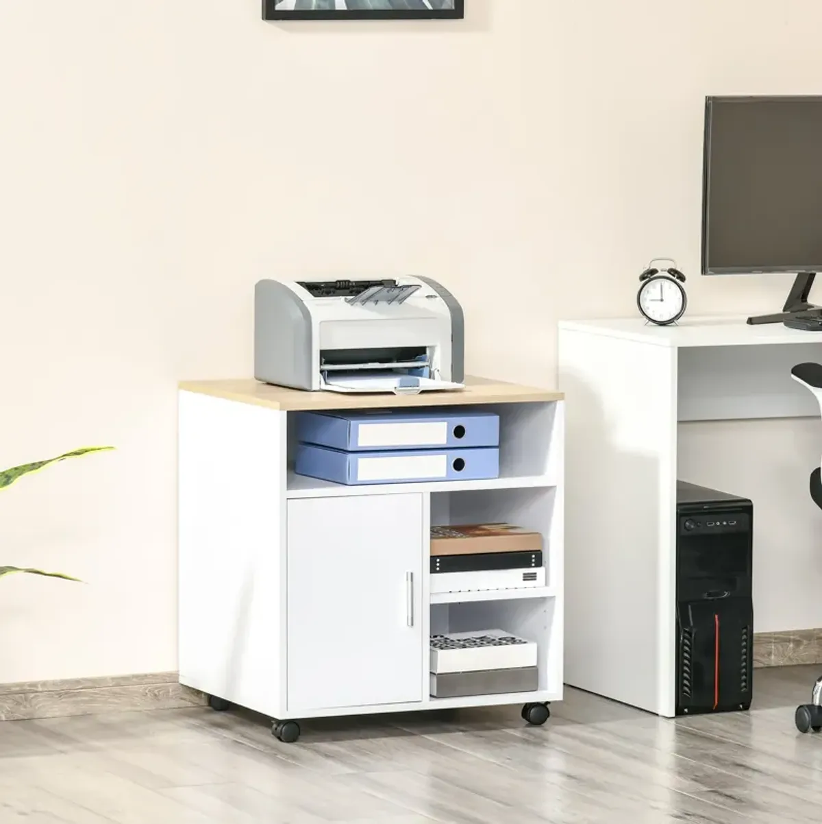 White Mobile Organizer: Printer Stand with Storage and Wheels