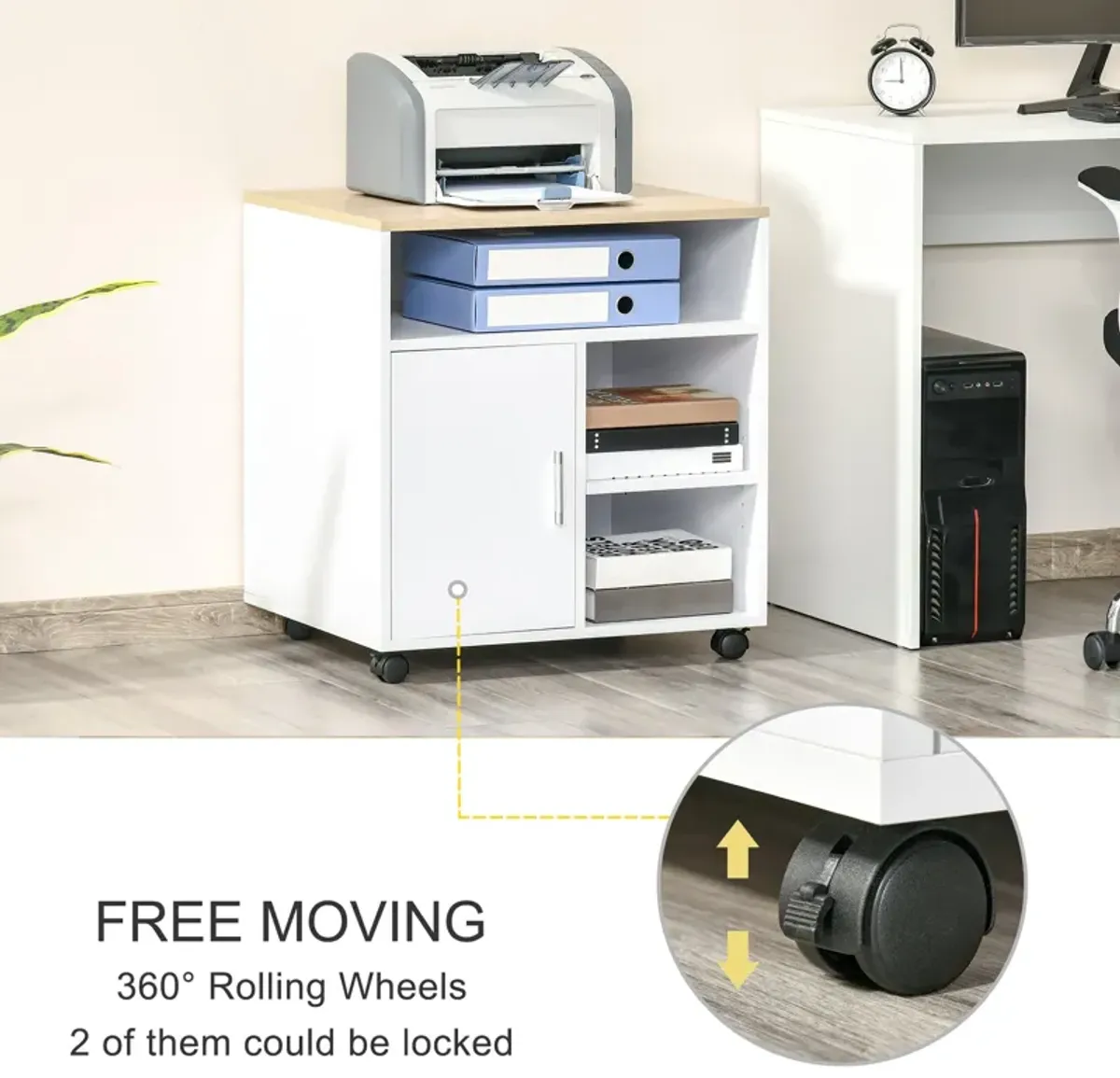 White Mobile Organizer: Printer Stand with Storage and Wheels