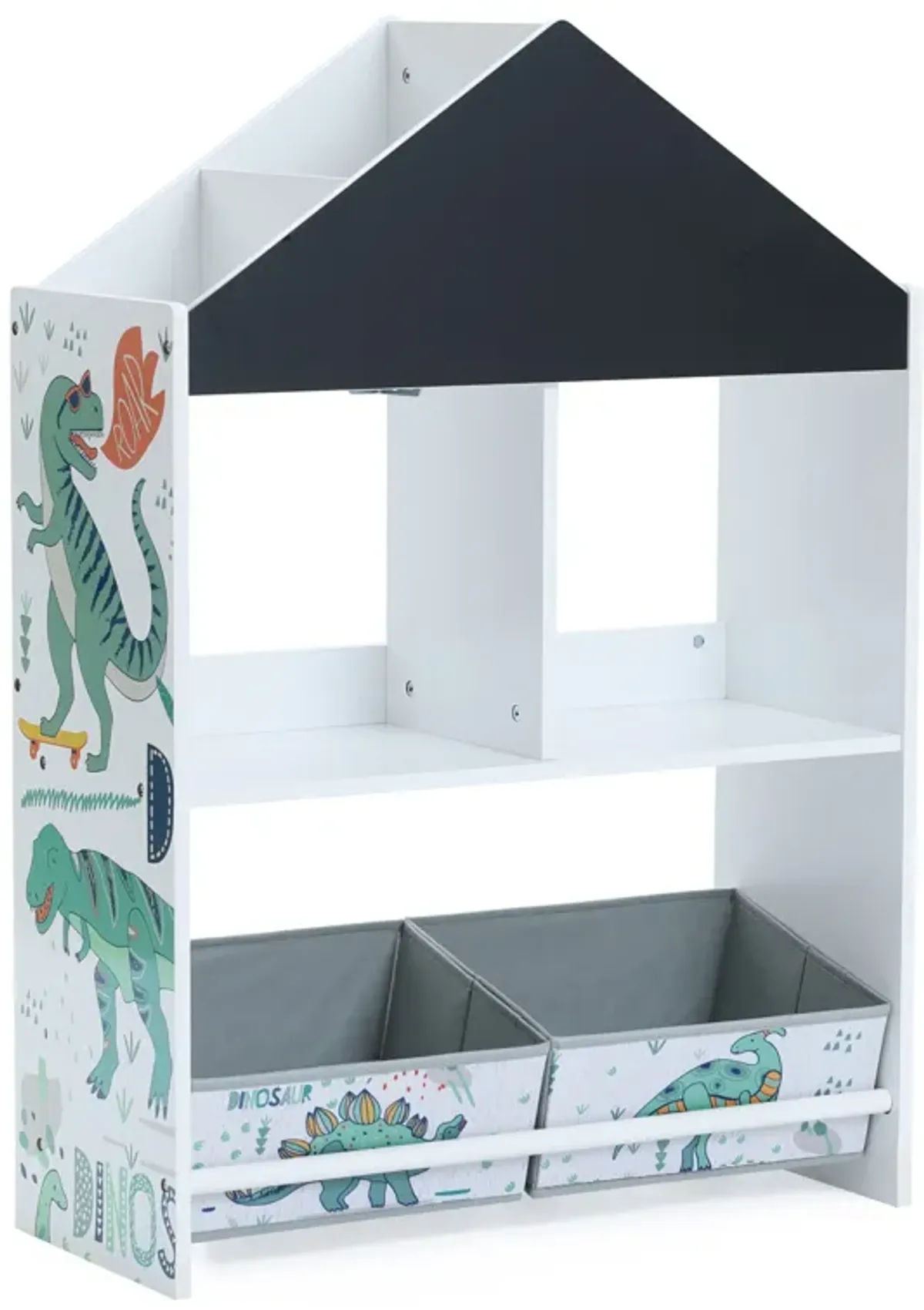 LuxenHome Children's Multi-Functional Dinosaur House Bookcase Toy Storage Bin Floor Cabinet with Blackboard