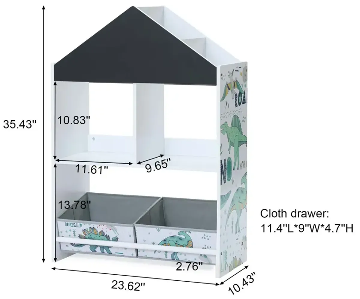 LuxenHome Children's Multi-Functional Dinosaur House Bookcase Toy Storage Bin Floor Cabinet with Blackboard