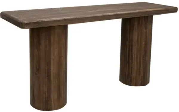 Ino 55 Inch Sofa Console Table, Mango Wood, Round Pedestal Stand, Brown