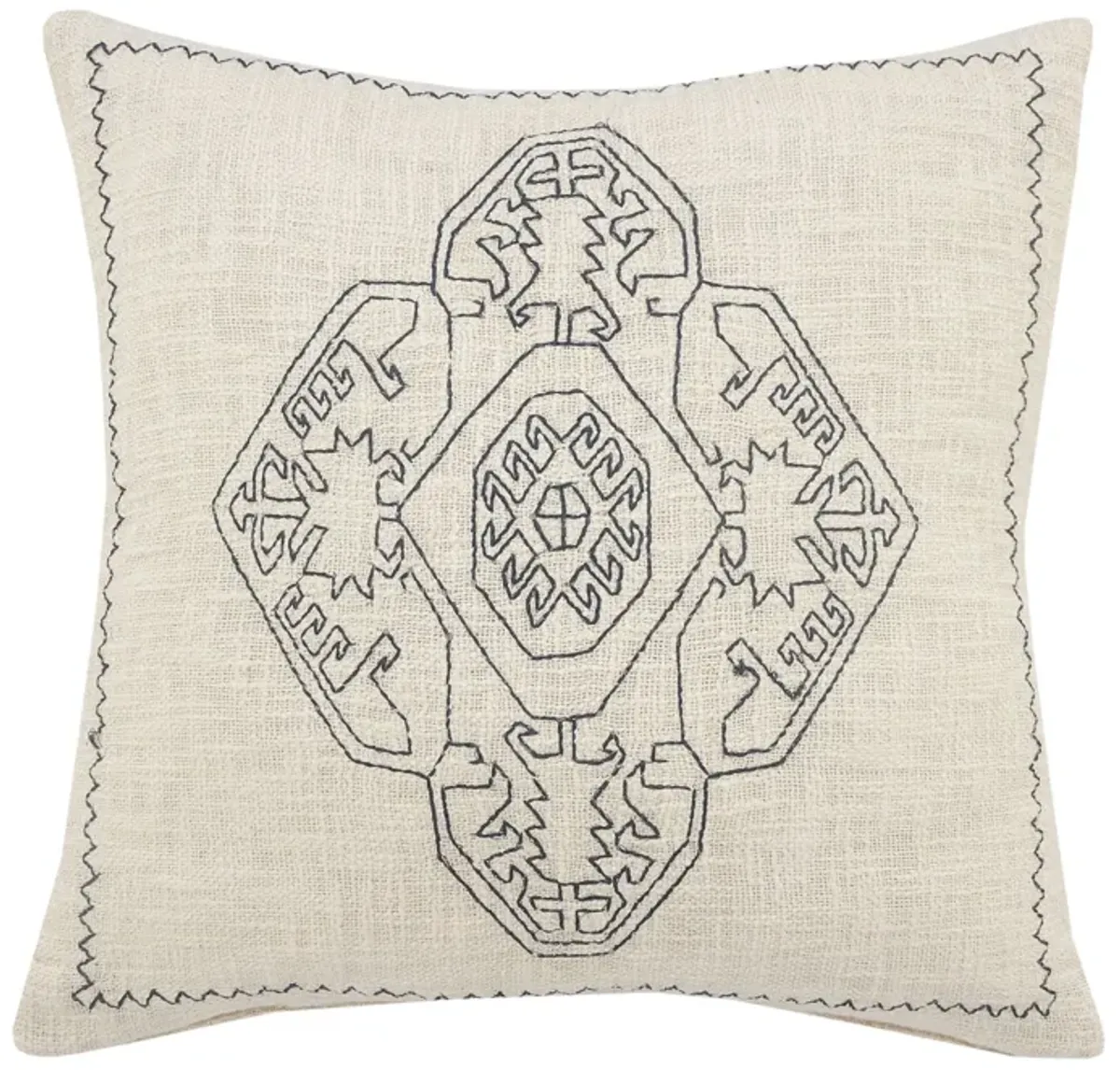 20" Blue and Off White Embroidered Damask Medallion Square Throw Pillow