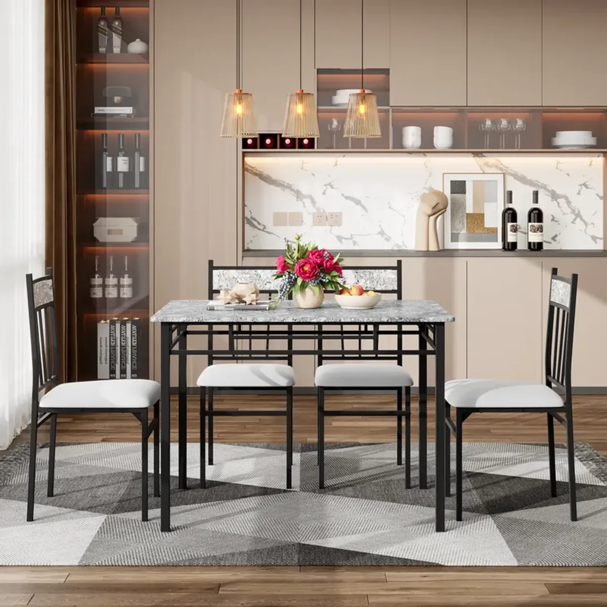 5 Pieces Faux Marble Dining Set Table with Solid Steel Frame