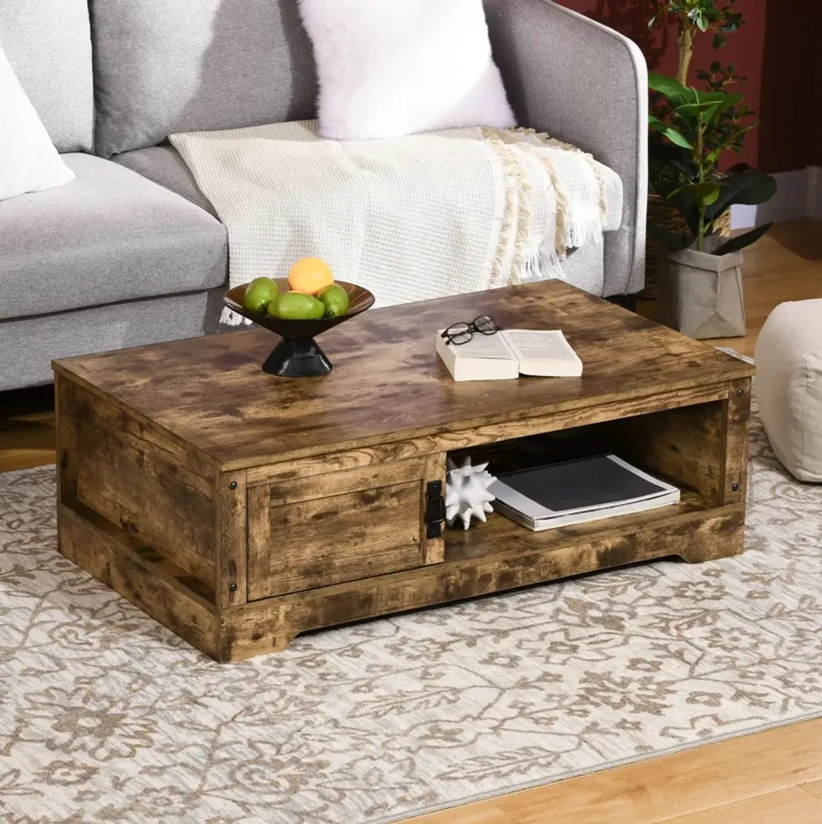 Rustic Brown Living Room Table: Vintage Coffee Table with Storage