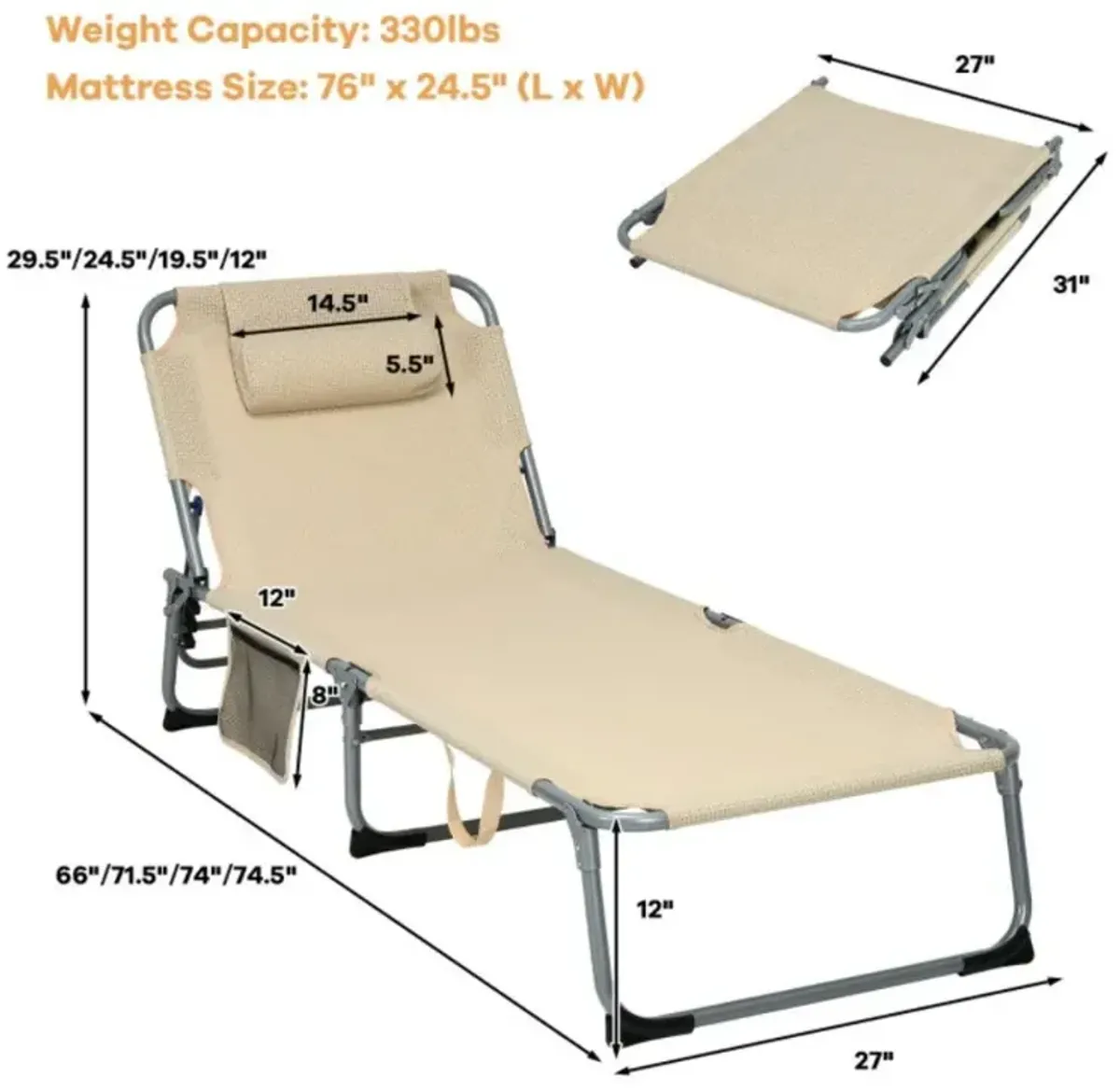 Hivvago 4-Fold Oversize Padded Folding Lounge Chair with Removable Soft Mattress